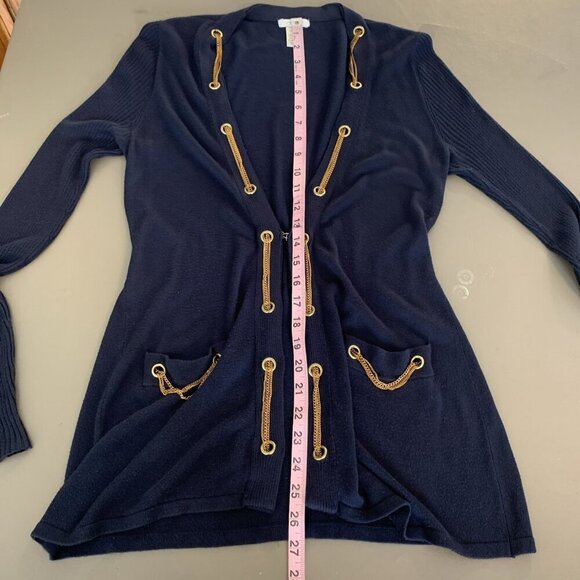 Cache Womens M Cardigan Sweater Navy Blue Gold Chain Nautical Quiet Luxury Knit - Picture 11 of 16